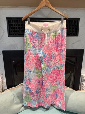 Lilly Pulitzer Linen Pink Coral & Sky Blue Floral Drawstring Pants